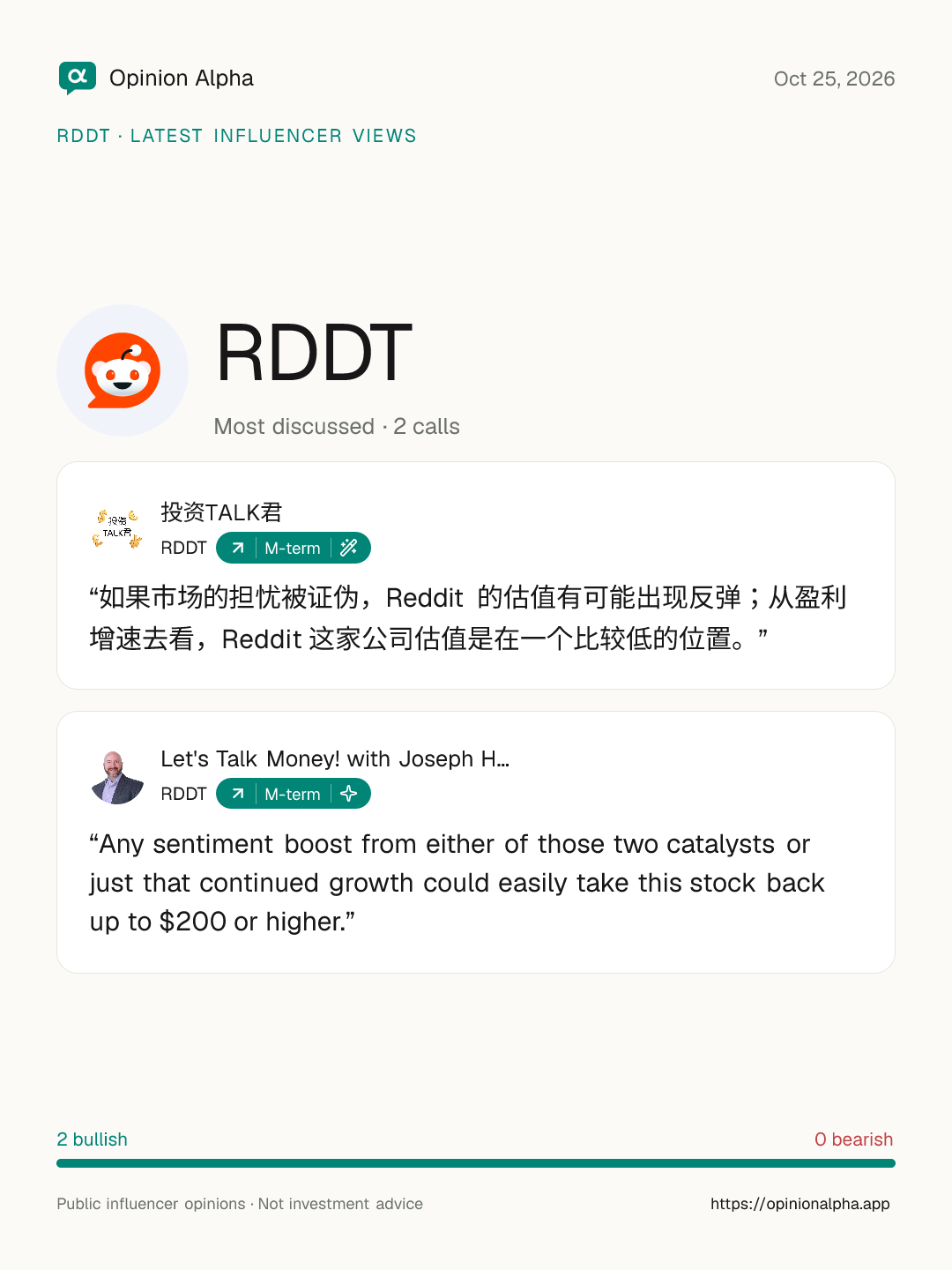 RDDT: latest views from 2 influencers, as of Oct 25, 2026